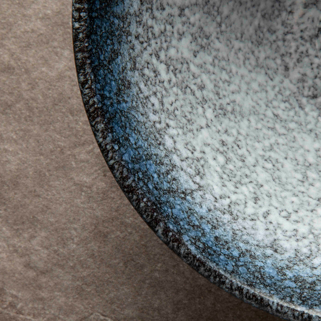 Blue ceramic Japanese ramen bowl edge
